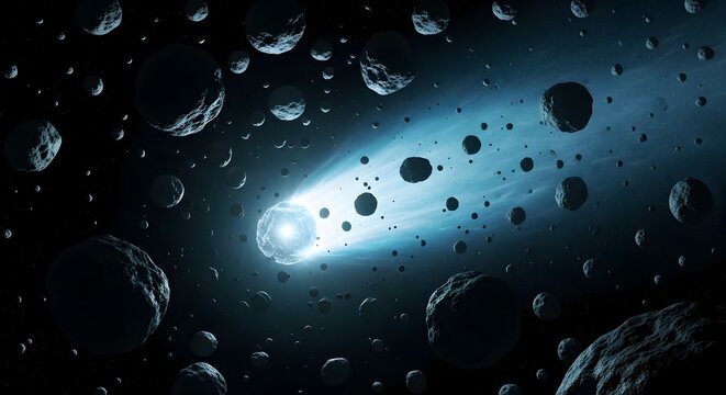Dramatic asteroid field with bright starburst, cosmic debris, and deep space atmosphere, science fiction backdrop