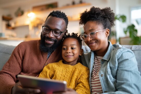Happy family enjoying tablet time together