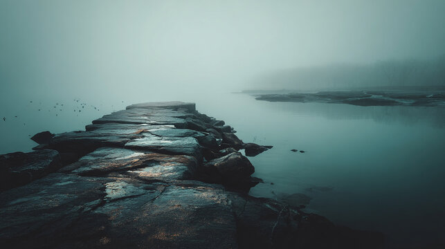 Stone platform emerging from a foggy environment with misty surroundings creating a mysterious serene landscape evoking solitude, nature, and ethereal atmosphere in a minimalistic composition