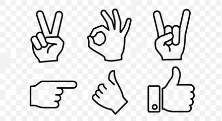 Collection of hand gestures in black outline, including peace sign, ok, rock on, pointing, thumbs up isolated on