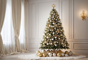 Luxurious Christmas tree with gold decorations isolated on white background for premium holiday marketing or high end digital design projects creating festive visuals ornamentation