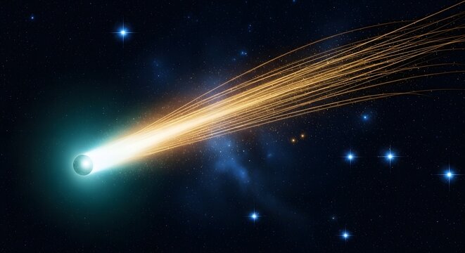 Brilliant comet streaking across a dark starry night sky, celestial event, space exploration concept