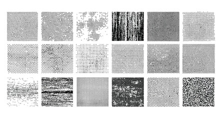 Collection of 20 different black and white halftone textures, offering a variety of grunge and distressed effects