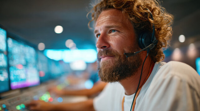 Focused man with headset in modern workspace - Powered by Adobe