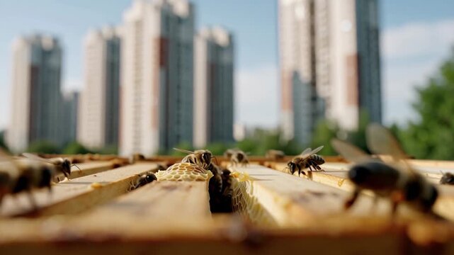Macro view of queen cells and worker bees moving across a hive frame as soft light reveals wax textures. Blurred high-rise towers behind highlight urban biodiversity and sustainable rooftop beekeeping