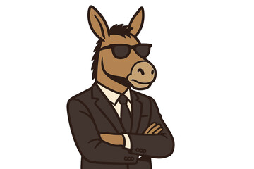 A donkey disguised as a man in a suit and sunglasses, poking fun at the boss, director, and