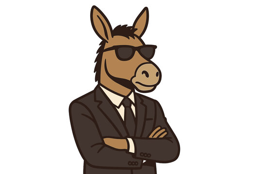 A donkey disguised as a man in a suit and sunglasses, poking fun at the boss, director, and