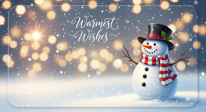 Warmest wishes snowman winter holiday christmas bokeh lights festive season greeting card design