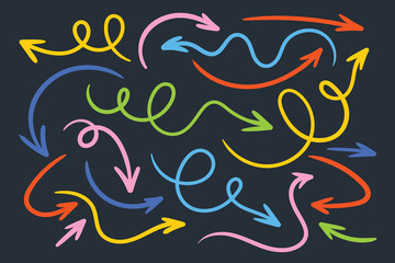 Colorful doodle arrows on dark background. Hand-drawn curved and spiral arrows in bright colors for infographic, presentation, or design decoration.