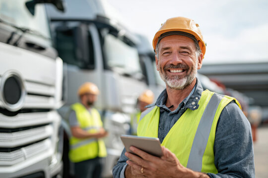Smiling man in safety vest with tablet in logistics yard - Powered by Adobe