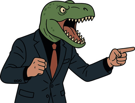 A funny, humorous speaker or an aggressive, confident businessman wearing a cute dinosaur head mask in a formal office suit, portrayed as an animal boss delivering a determined and forceful speech