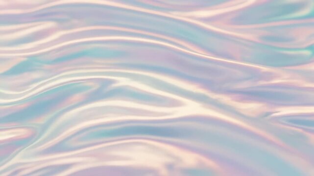 abstract holographic surface with flowing iridescent waves. glossy texture reflects pastel pink and blue colors. retro 1980s synthwave aesthetic for background