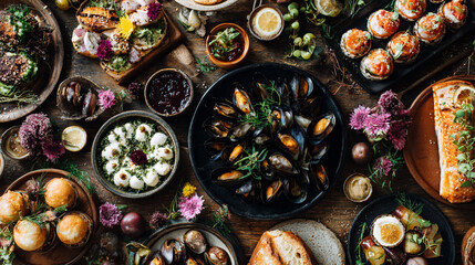 Fototapeta premium Table filled with beautifully arranged tasty food featuring vibrant dishes and decorative presentation representing culinary art, feast, celebration, and gourmet dining in a rich inviting setting