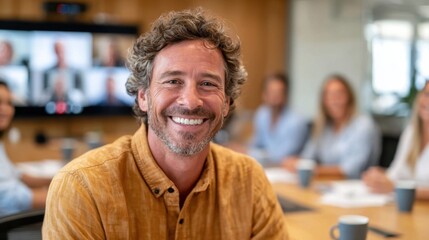 Smiling man in conference room during video call