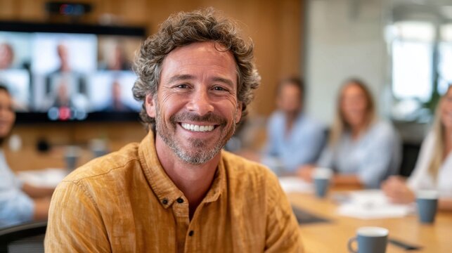 Smiling man in conference room during video call