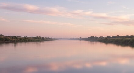 Obraz premium Smooth wide river reflecting soft pink dawn clouds and gentle morning light, forming a tranquil open-space backdrop ideal for text placement