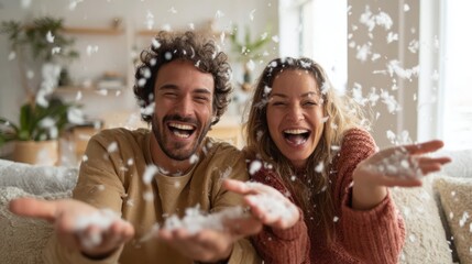 Joyful couple playing with fluff from the pillow indoors