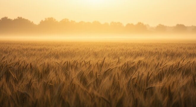 Wide wheat field glowing in warm sunrise haze with soft golden tones, offering a calm natural backdrop ideal for lyrics and widescreen projection