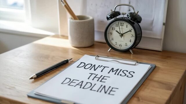 Urgent deadline reminder with clock ticking in office setting, use it to focus on project management, professional goals, and time management