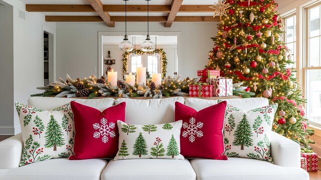 Cozy Christmas living room with festive pillows, pine garland, candles, wrapped gifts, and a decorated tree under warm lights in a welcoming holiday interior.