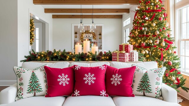 Cozy Christmas living room with festive pillows, pine garland, candles, wrapped gifts, and a decorated tree under warm lights in a welcoming holiday interior.