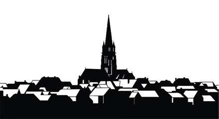 Fototapeta premium Silhouette of a quaint European village with a prominent church steeple against a bright sky