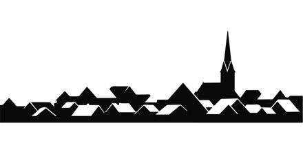 Silhouette of a charming town skyline with a prominent church steeple at dusk