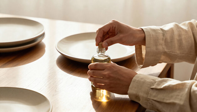 Close-up of a person opening a bottle of oil at a wooden table. Natural dining and wellness lifestyle concept in bright sunlight