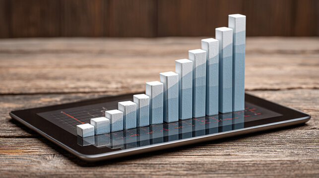 Tablet displaying a dividend growth chart with rising bars and financial data representing investment performance, business analytics, stock market trends, and modern digital finance visualization