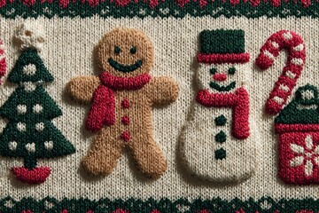 Cozy holiday banner featuring knitted gingerbread figure, snowman, Christmas tree, and candy cane