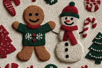 cozy holiday pattern of gingerbread man, snowman, and candy cane in cheerful sweater design