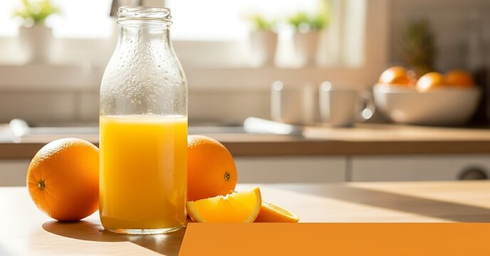 A bottle of orange juice with oranges on a counter in a bright kitchen setting with natural light