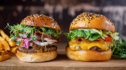Closeup of two gourmet hamburgers with fresh toppings and fries on wooden table
