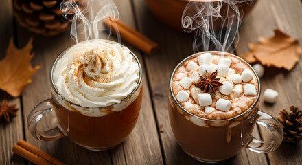 Two steaming mugs of hot chocolate or coffee with whipped cream and marshmallows on a rustic wooden table, surrounded by autumn decorations.