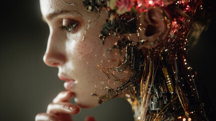 Fusion of human mind with technology, visualizing neural connections, digital overlays, and AI integration, symbolizing advanced cognition and futuristic innovation.