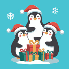 Cute illustration of Christmas penguins. Penguins in Christmas hats with gifts. Symbol of Christmas and winter. Cartoon vector illustration isolated on blue background