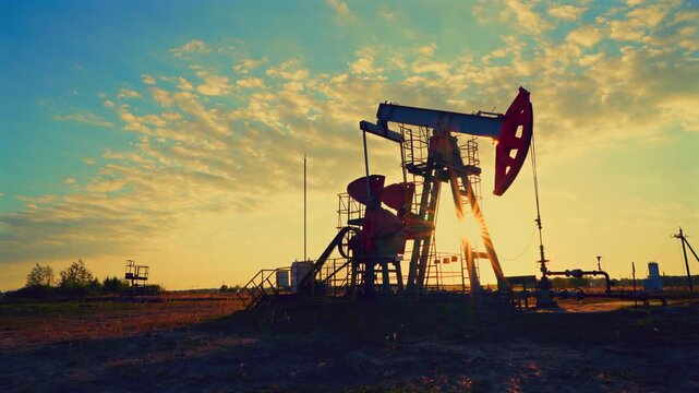 Oil Pump Jack Operates on Beautiful Sunset at Oil Field in Industrial Area. Crude pump jack working on sunrise in oil field. Oil drill rig, drilling derrick in oilfield. Crude petroleum industry. 