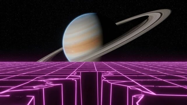 retro futuristic 1980s synthwave landscape with glowing purple neon grid. large ringed planet in starry space. sci-fi digital world.