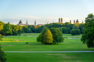 Englischer Garten Green Public Park and City Skyline on Summer Evening. Munich, Bavaria, Germany