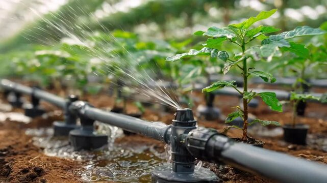 Medium shot of a plastic drip irrigation system delivering water efficiently to young plants in a controlled nursery environment.