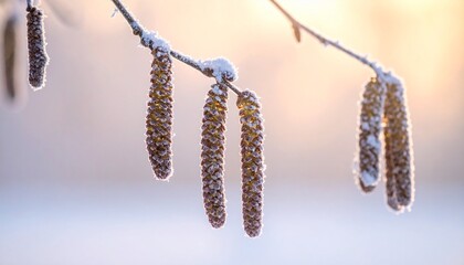 枝先の冬芽が霜に包まれ、冷たい空気の中で繊細な質感を見せる。
背景には遠くの雪景色が美しくぼけ、奥行きと冬特有の静けさが強調される。