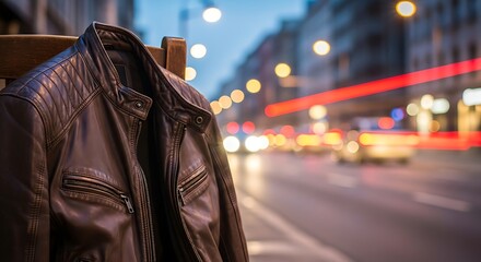 A brown leather jacket hanging on a wooden chair with a blurred city street at night behind it
