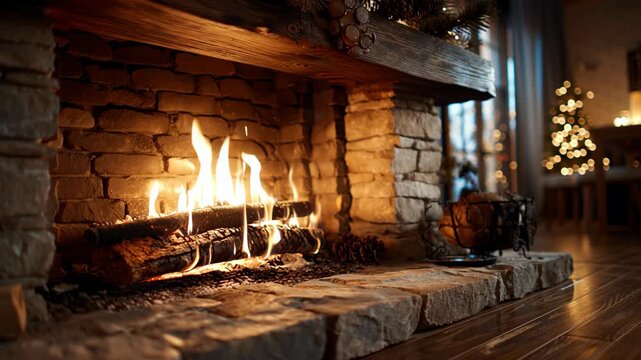Cozy Indoor Fireplace with Blazing Logs and Warm Embers