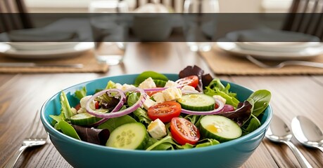 A vibrant salad in a blue bowl on a wooden table with place settings ready for a healthy meal time