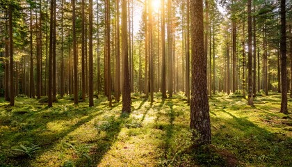Obraz premium a sunlit forest floor with towering pine trees