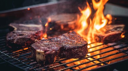 Close-up of juicy steaks grilling over open flame with smoky background