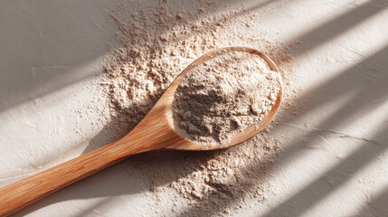 Wooden spoon filled with light beige powder representing cooking ingredients culinary use natural spices and wholesome food preparation in a minimalistic clean food concept