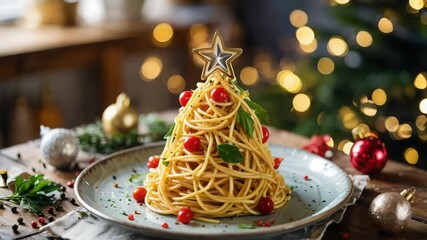 Delightful Christmas dining scene, pasta arranged as a festive tree with vibrant tomato and basil garnish, creating a joyful culinary holiday moment