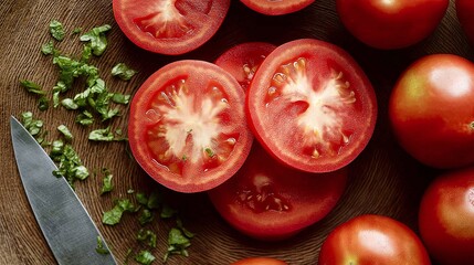 Fresh red tomatoes sliced on wooden cutting board with herbs