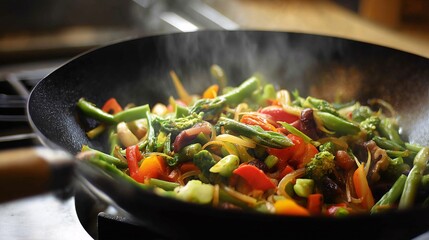 Colorful fresh vegetables stir-frying in a black wok on stovetop